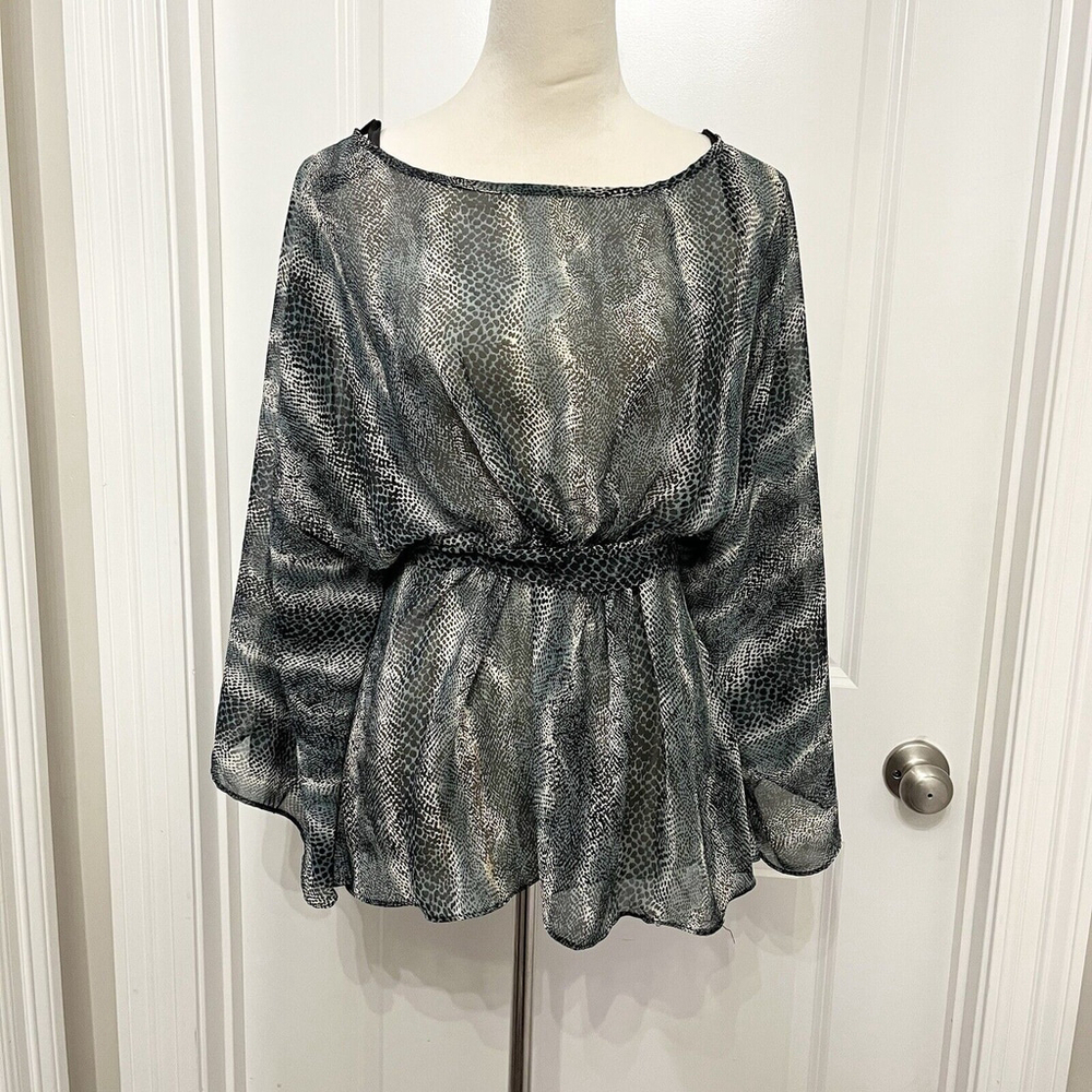 Karlie Belted Batwing Sheer Blouse- Green & Black- Womens M